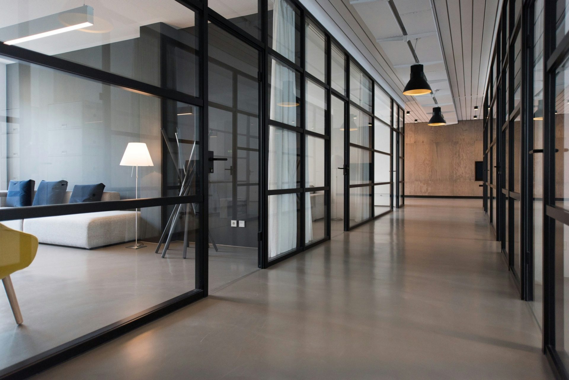 Interior hallway with glass walls